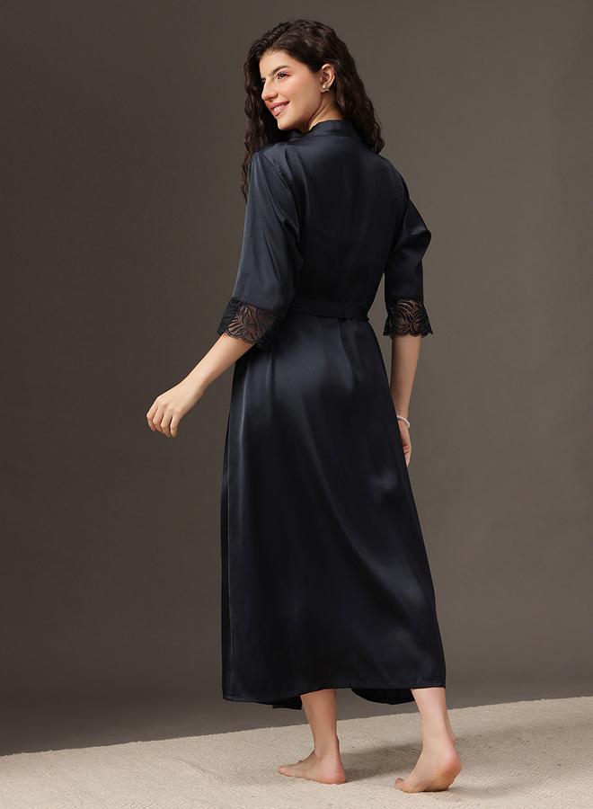 Clovia Women Black Satin Nightdress with Robe Set - Image 4